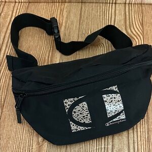 Champion Black Waist Fanny Pack with leopard Logo Accents